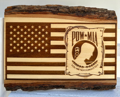 Military POW-MIA with Flag Live Edge Rectangular Plaque