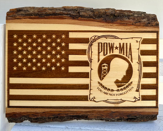 Military POW-MIA with Flag Live Edge Rectangular Plaque