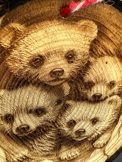 Engraved Live Edge Wooden Round Ornament - Four Bears in Tree