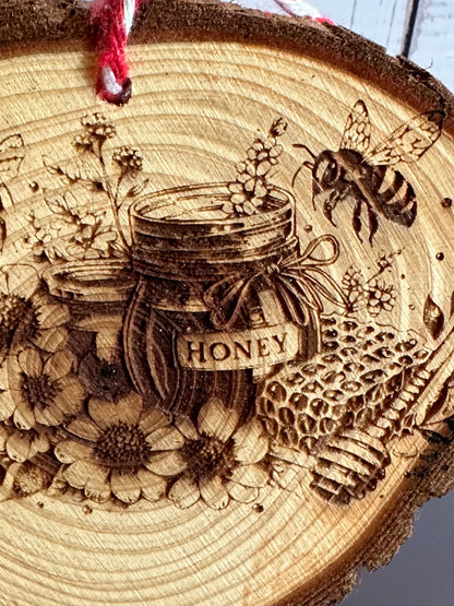 Engraved Live Edge Wooden Round Ornament - Honey and Bees