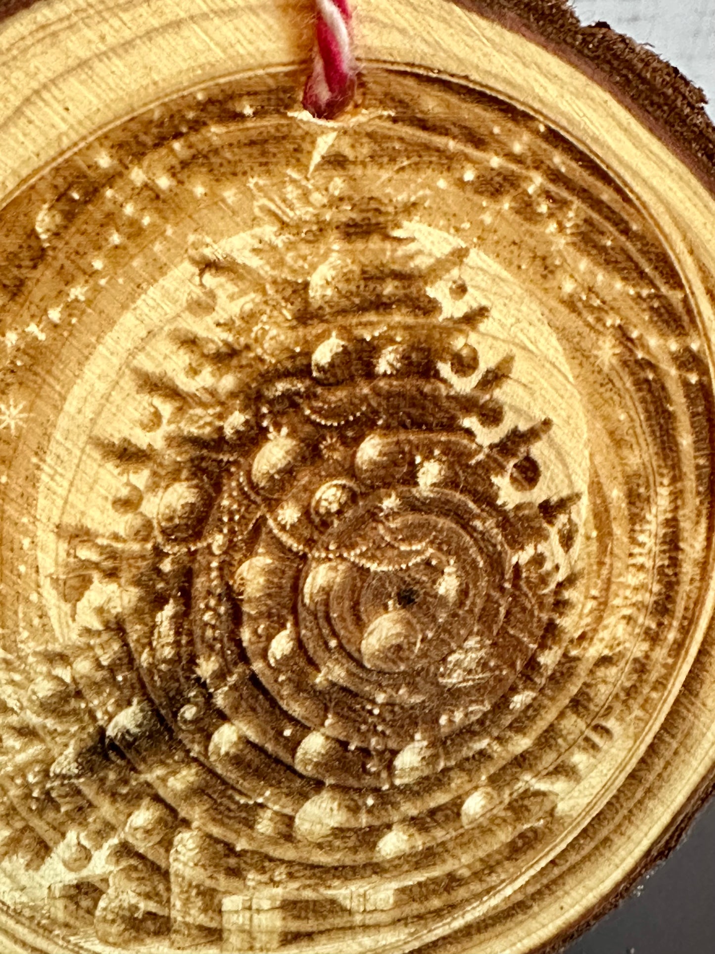 Engraved Live Edge Wooden Round Ornament - Ornate Decorative Christmas Tree