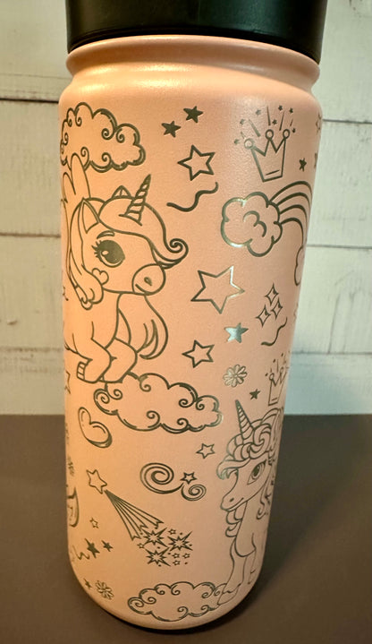 16oz. Insulated Water Bottle with Straw Lid - Pink, Unicorns