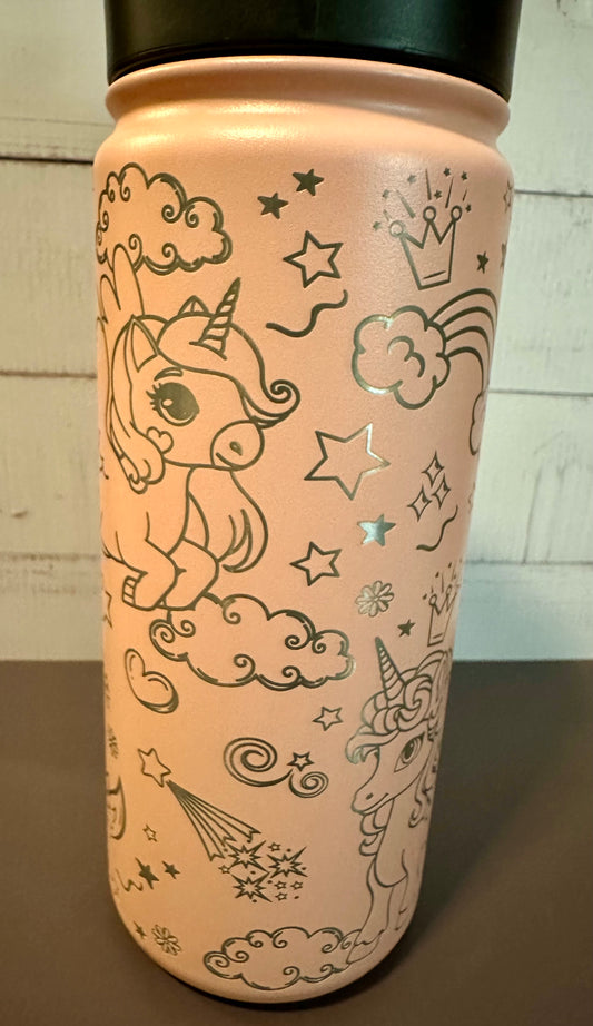 16oz. Insulated Water Bottle with Straw Lid - Pink, Unicorns