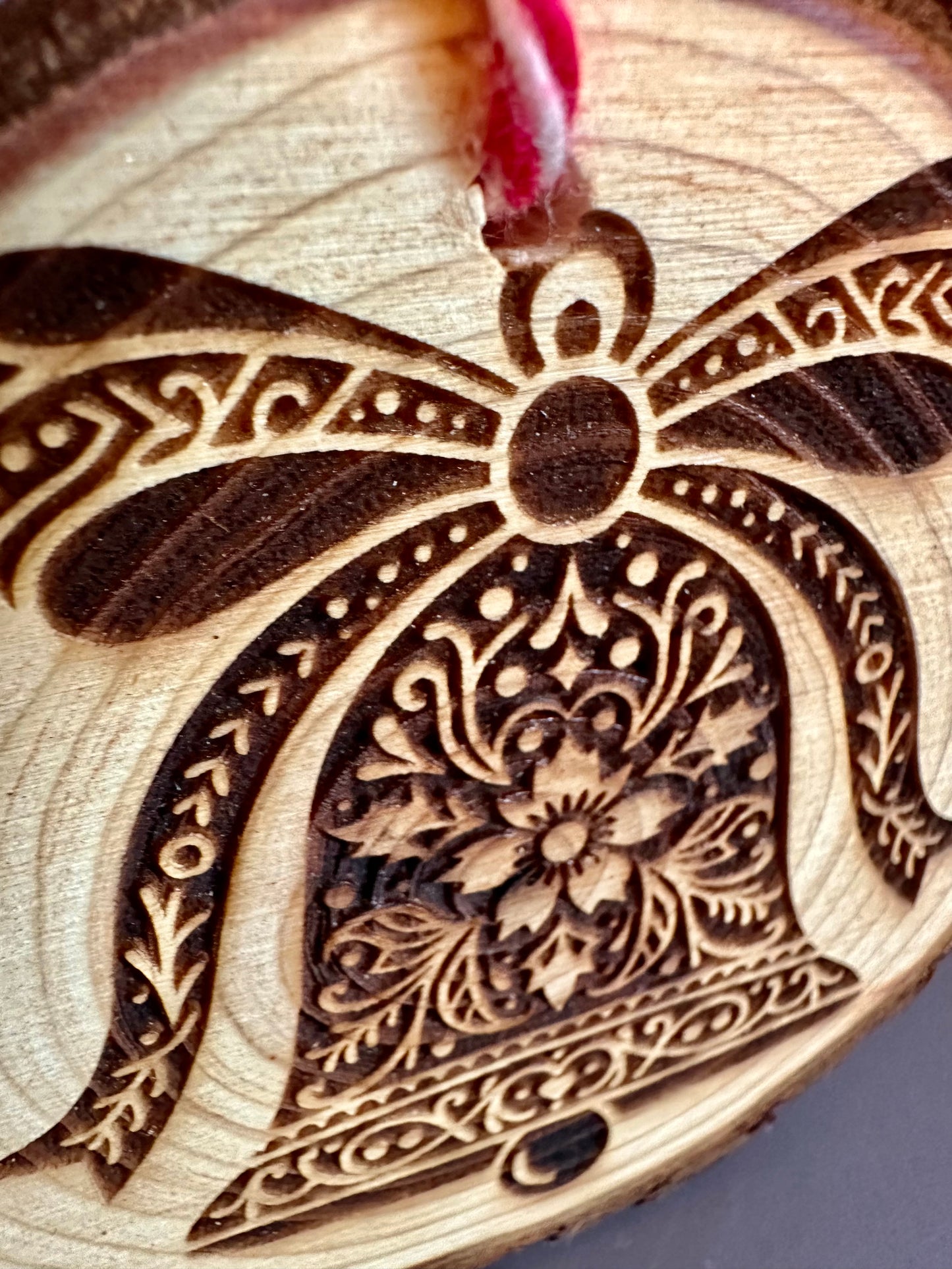 Engraved Live Edge Wooden Round Ornament - Ornate Christmas Bell
