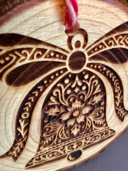 Engraved Live Edge Wooden Round Ornament - Ornate Christmas Bell