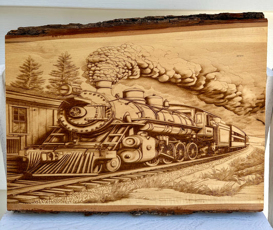 Steam Train in Station Live Edge Rectangular Plaque