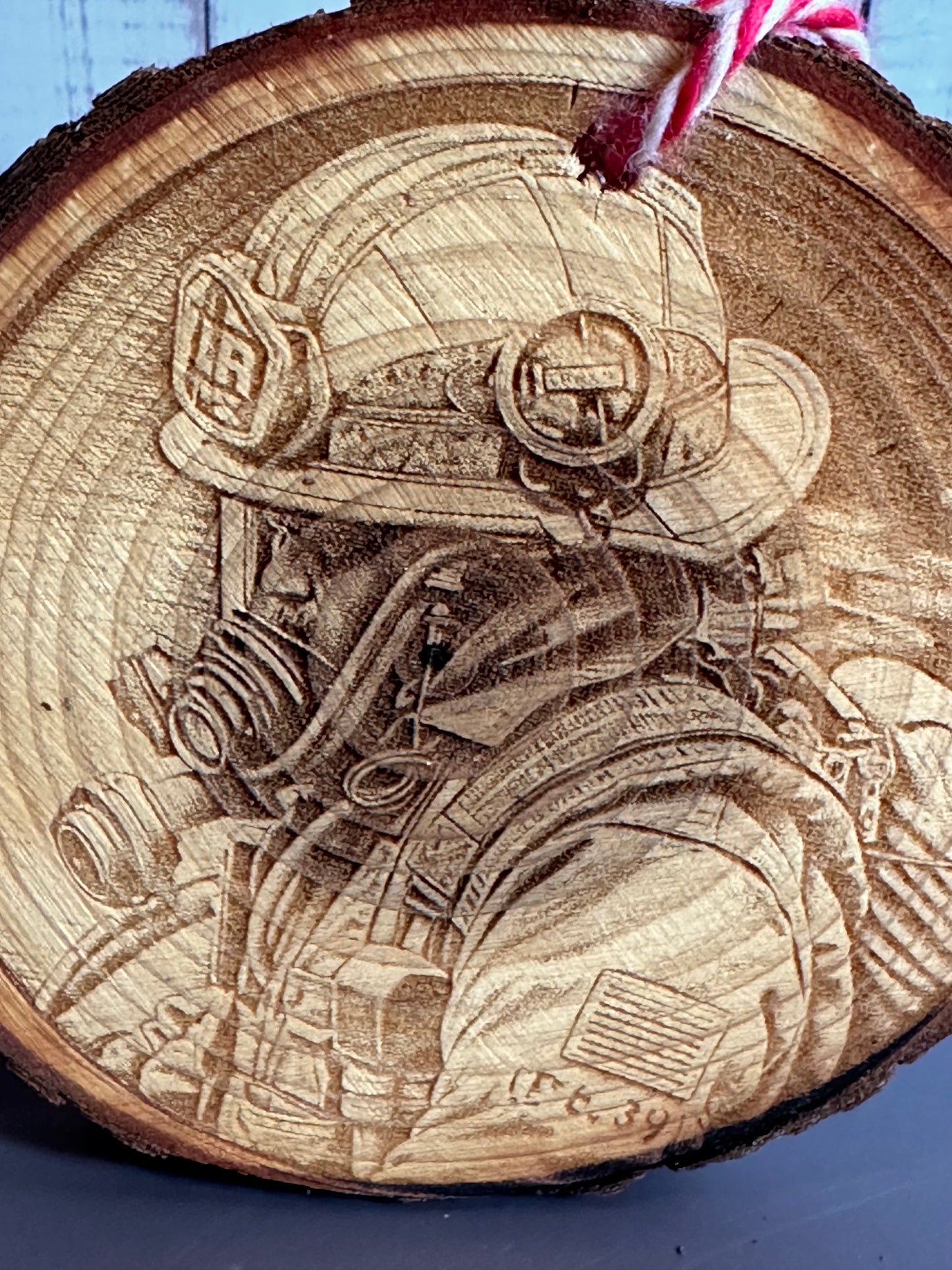 Engraved Live Edge Wooden Round Ornament - Firefighter in Gear