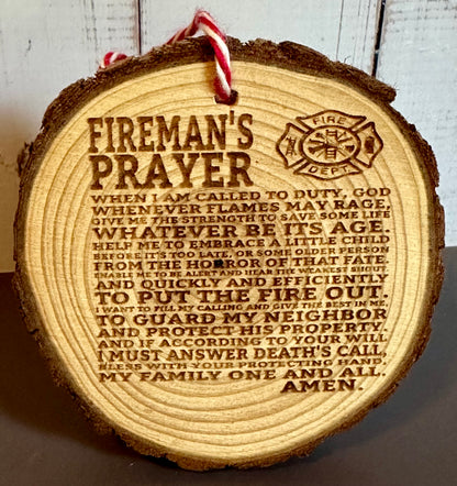 Engraved Live Edge Wooden Round Ornament - Fireman’s Prayer