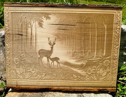 Deer Family in Forest Live Edge Rectangular Plaque