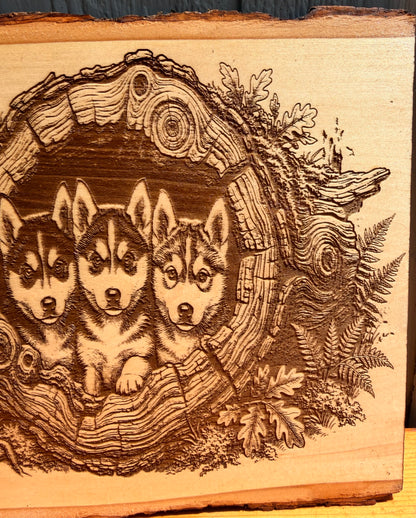 Plaque Live Edge Rectangular - Three Husky Puppies