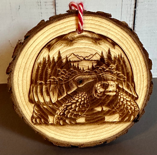 Engraved Live Edge Wooden Round Ornament - Turtle with Inner Wilderness Scene