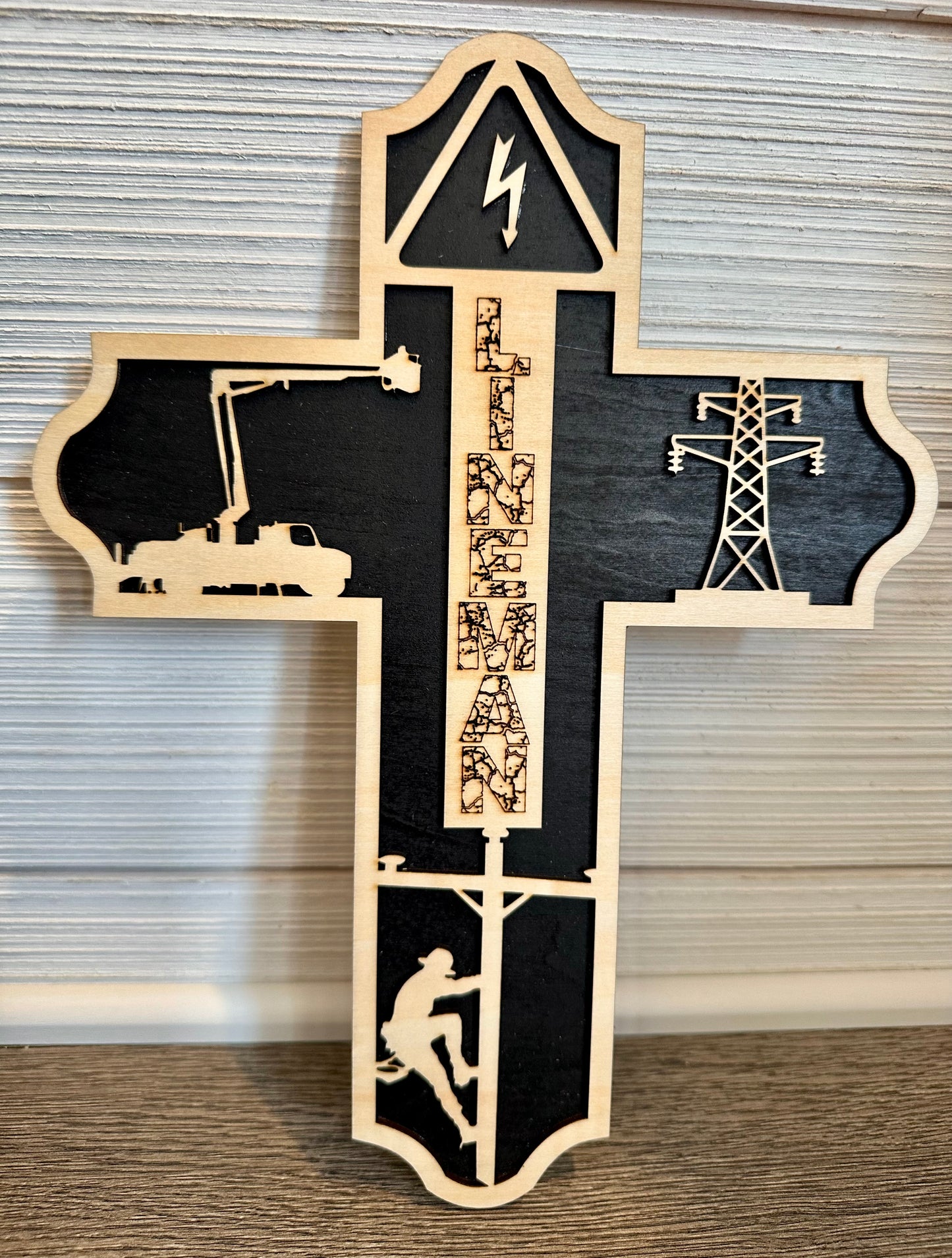 3D Layered and Engraved Wood Cross - Lineman