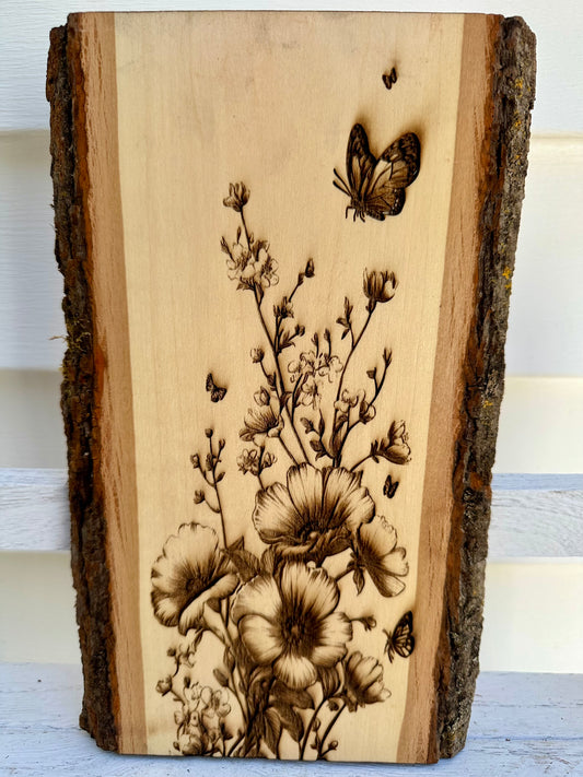 Butterfly and Wildflowers  Live Edge Rectangular Plaque