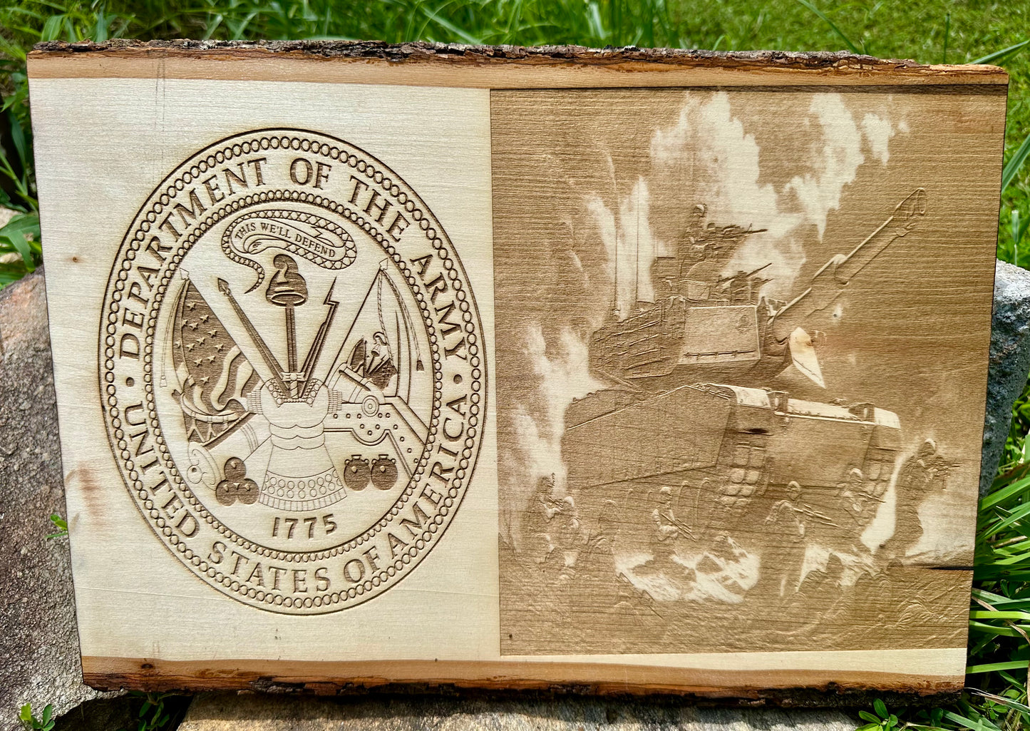 Military Army Seal with Tank and Soldiers Live Edge Rectangular Plaque