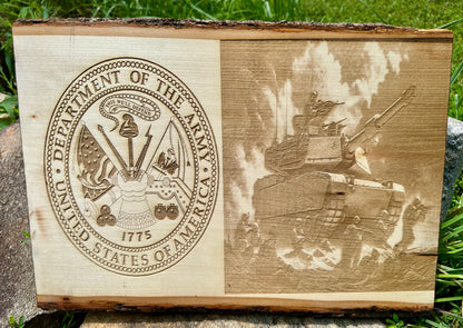 Military Army Seal with Tank and Soldiers Live Edge Rectangular Plaque