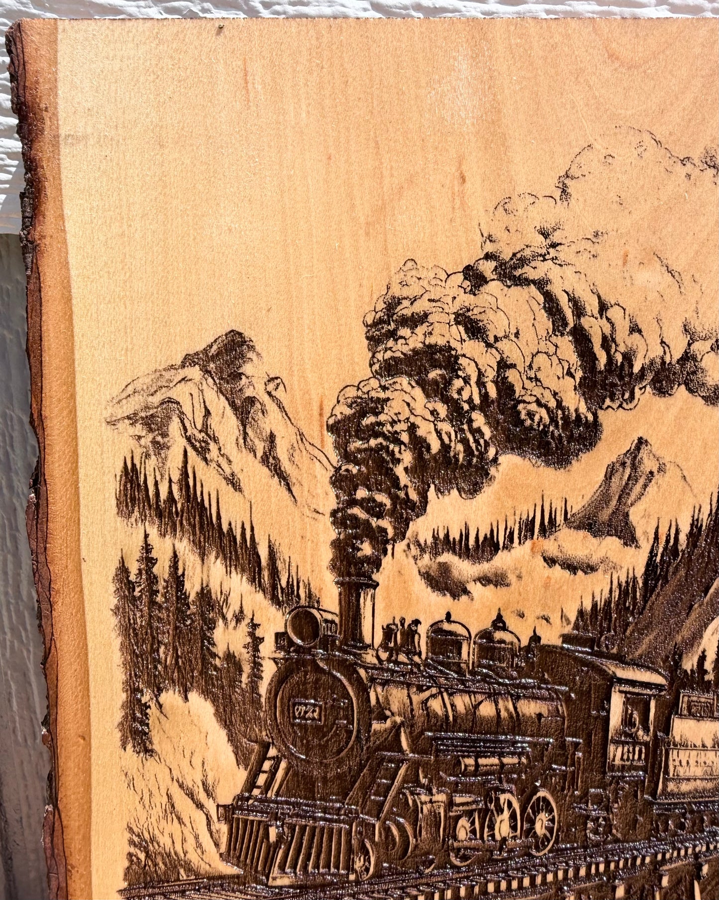Plaque Live Edge Rectangular - Train on Trestle Bridge