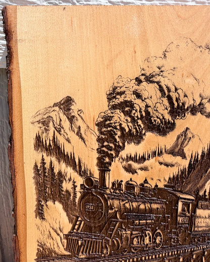 Plaque Live Edge Rectangular - Train on Trestle Bridge