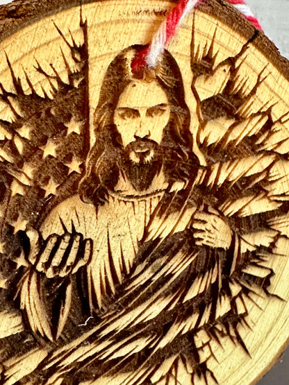 Engraved Live Edge Wooden Round Ornament - Jesus with Flag