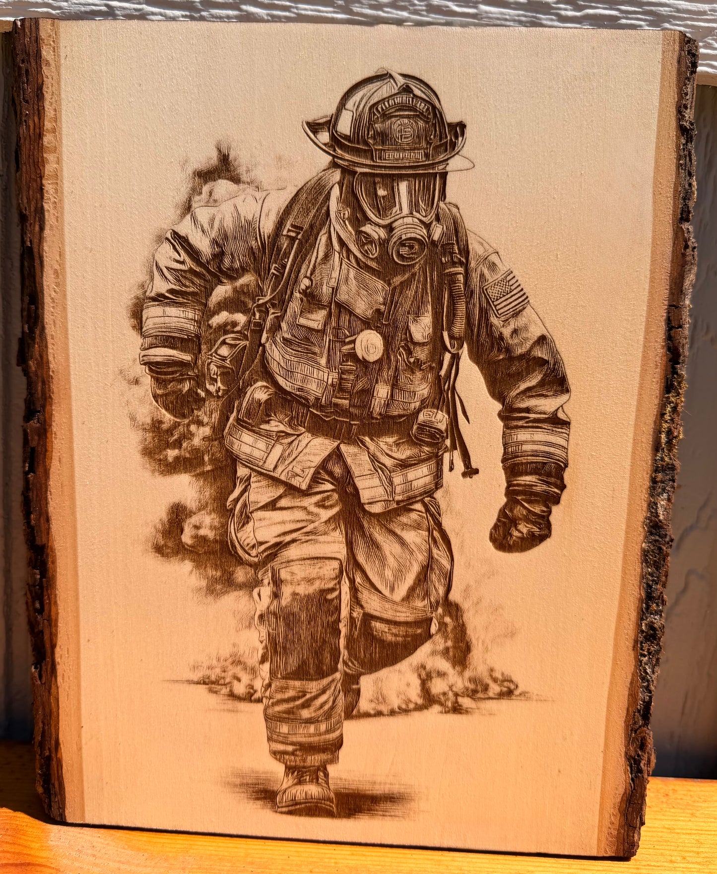 Plaque Live Edge Rectangular - Firefighter in Gear