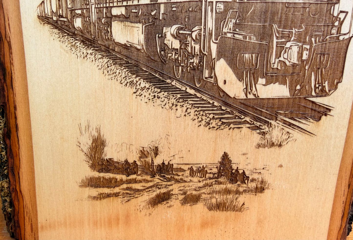 Plaque Live Edge Rectangular - Train 8793 with Flag and Desert Road