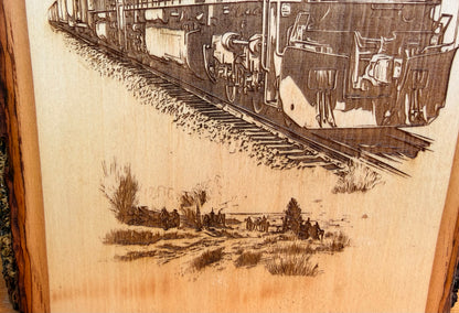 Plaque Live Edge Rectangular - Train 8793 with Flag and Desert Road