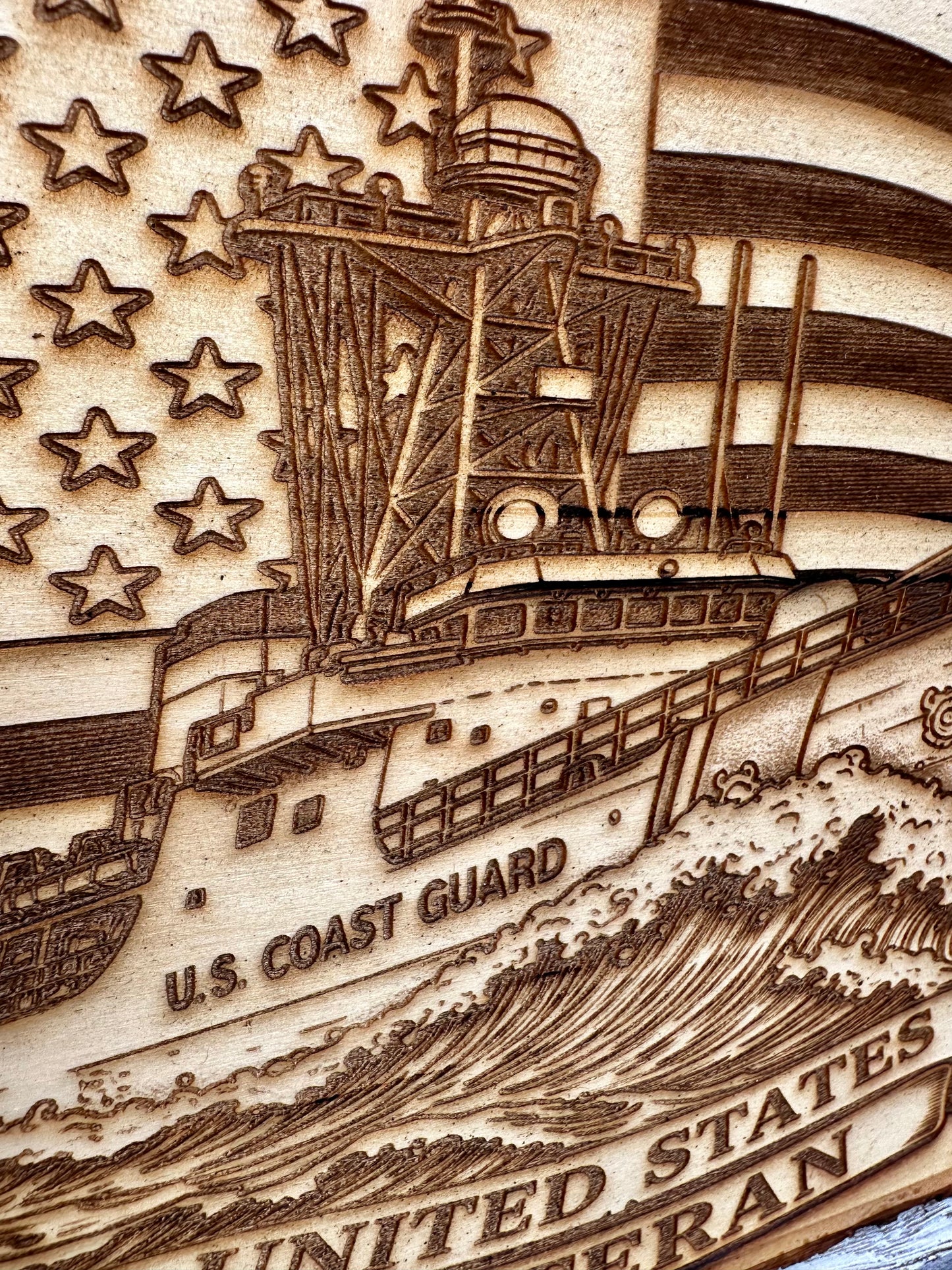 Military Veteran Coast Guard Cutter with Flag Live Edge Rectangular Plaque