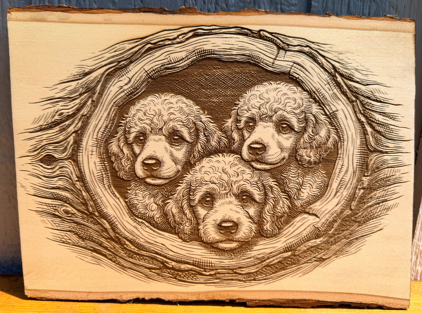 Plaque Live Edge Rectangular - Three Puppies in Tree
