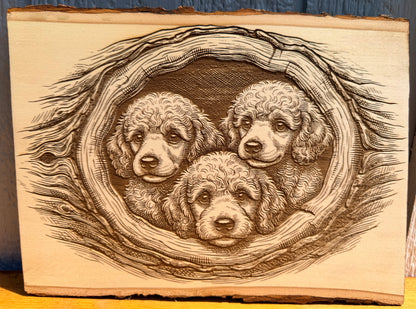 Plaque Live Edge Rectangular - Three Puppies in Tree
