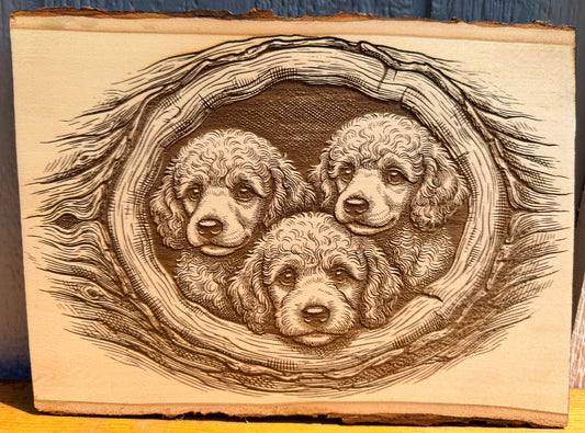 Plaque Live Edge Rectangular - Three Puppies in Tree