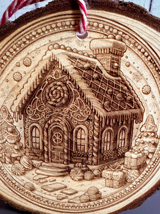 Engraved Live Edge Wooden Round Ornament - Ornate Gingerbread House