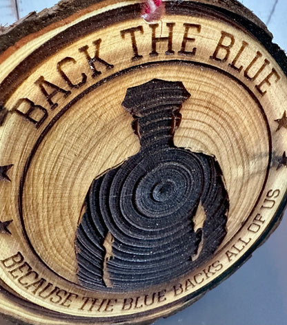 Engraved Live Edge Wooden Round Ornament - Back the Blue, Police Officer