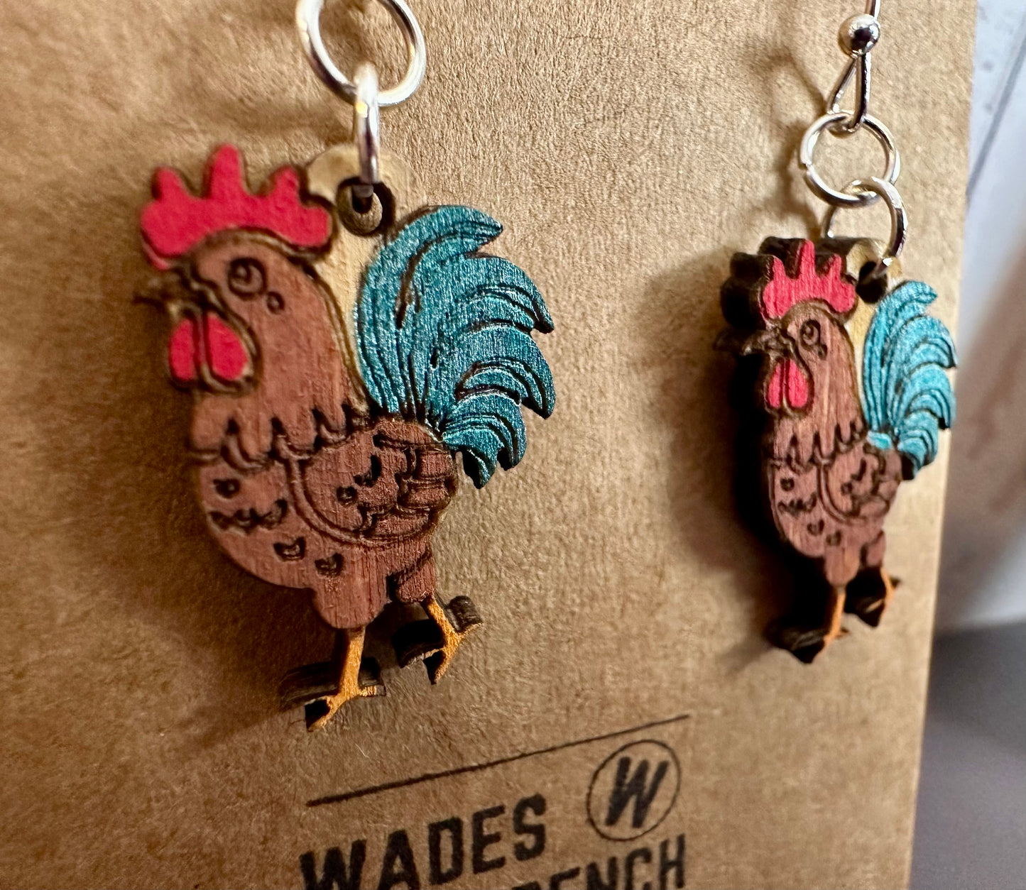 Wooden Engraved Dangle Earrings - Rooster