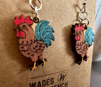 Wooden Engraved Dangle Earrings - Rooster