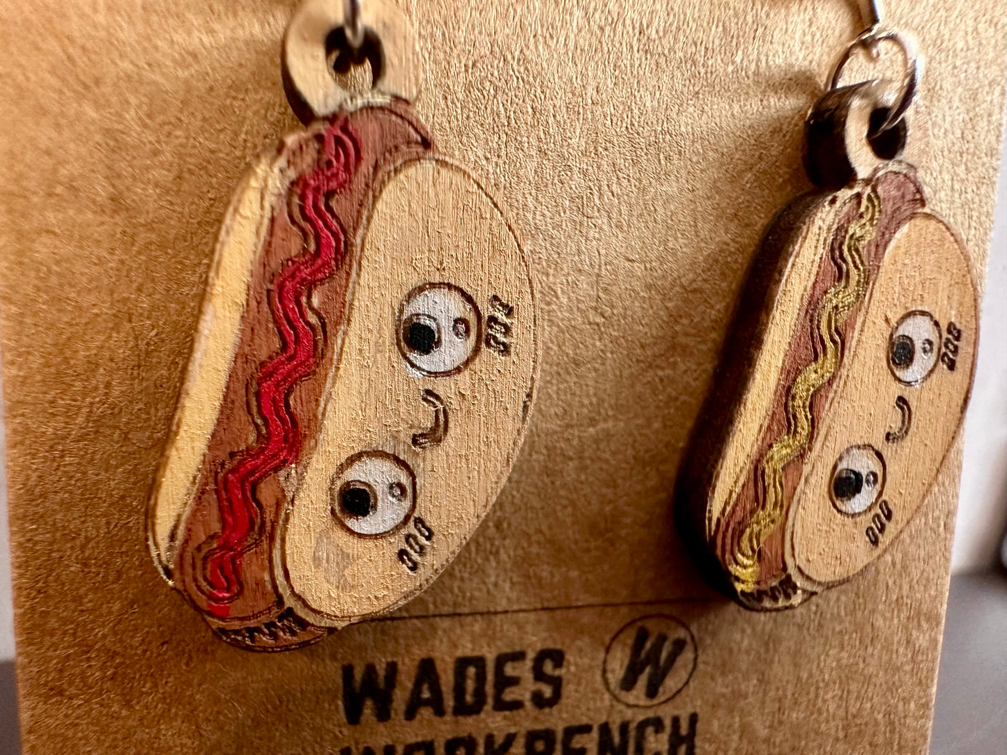 Wooden Engraved Dangle Earrings - Hot Dog