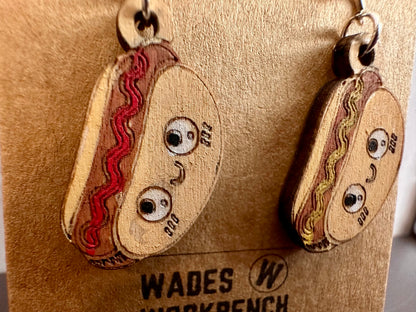 Wooden Engraved Dangle Earrings - Hot Dog