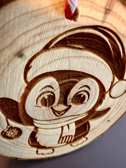 Engraved Live Edge Wooden Round Ornament - Penguin in Santa Hat