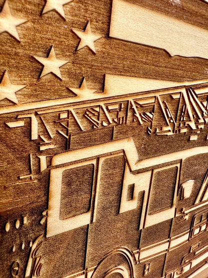 Firetruck with Flag Live Edge Rectangular Plaque