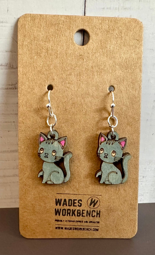 Wooden Engraved Dangle Earrings - Gray Cat