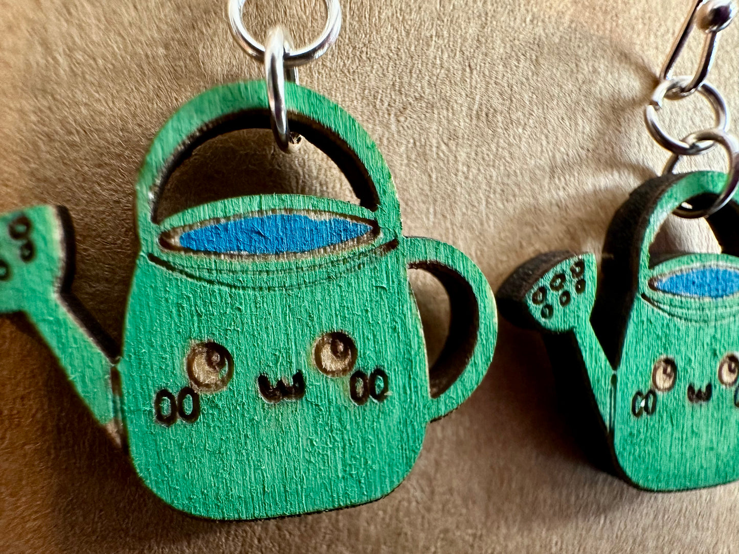 Wooden Engraved Dangle Earrings - Watering Can (One Pair)