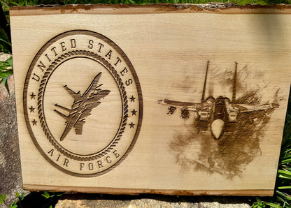 Military Air Force Seal with Aircraft Live Edge Rectangular Plaque