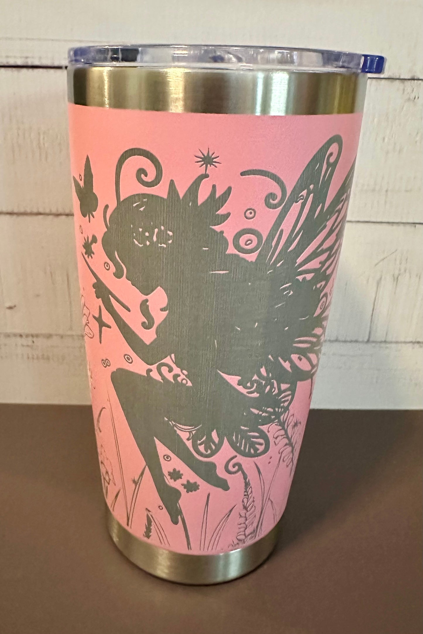 20oz. Insulated Travel Tumbler with Slide Lid - Pink with Fairy and Flowers