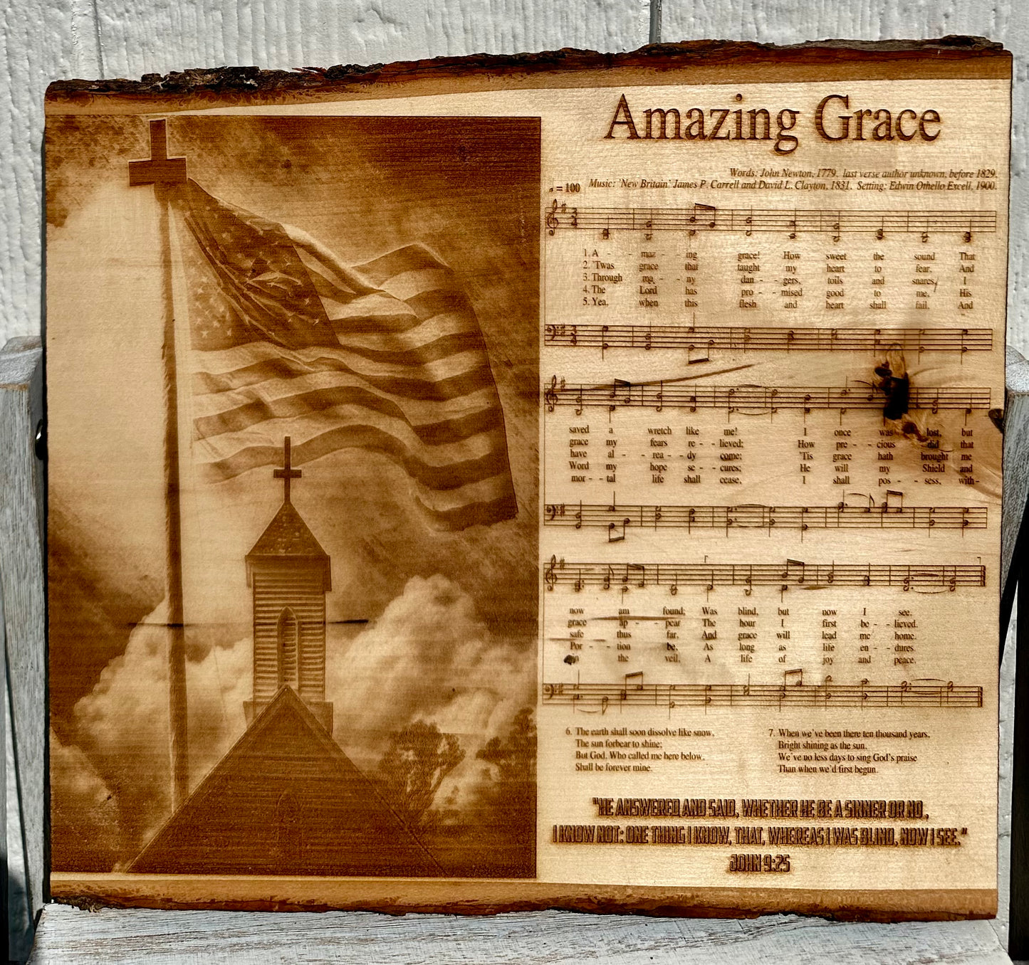 Amazing Grace Music Sheet and Church with Flag Live Edge Rectangular Plaque