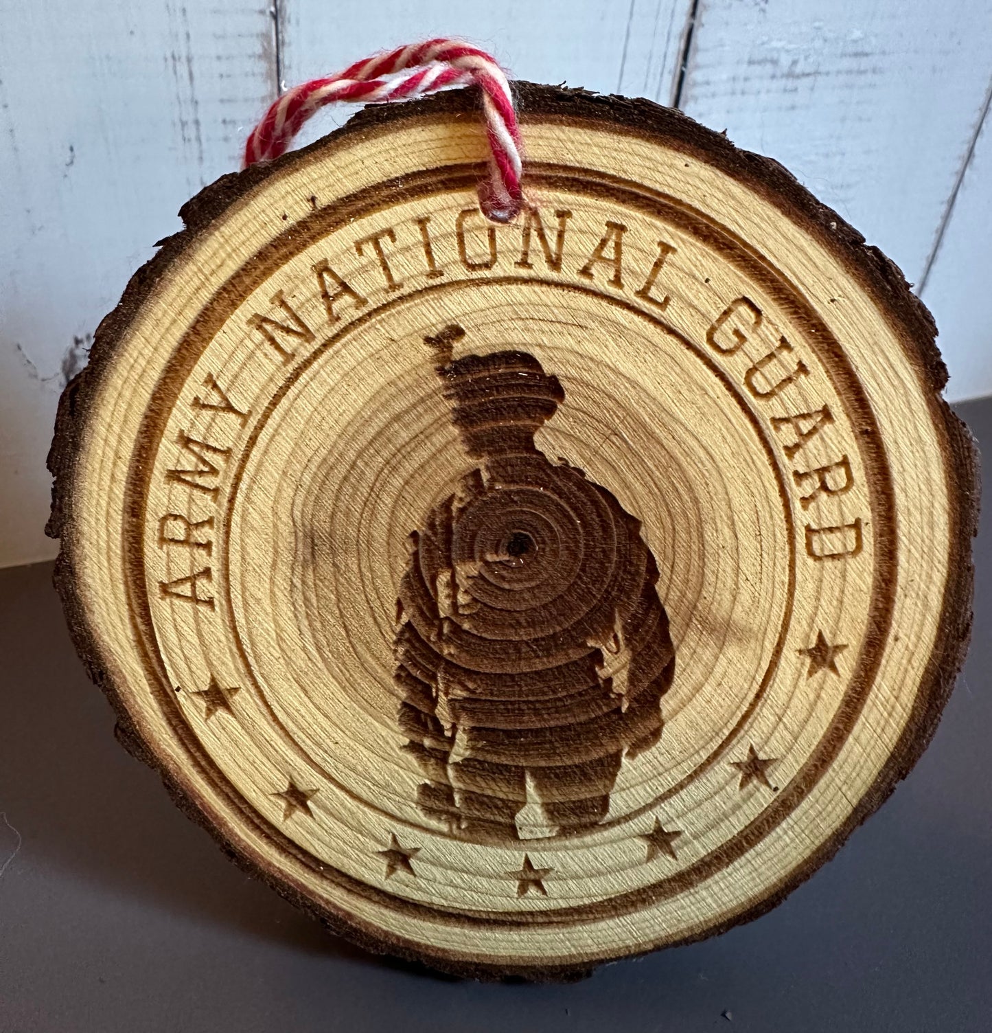 Engraved Live Edge Wooden Round Ornament - Army National Guard
