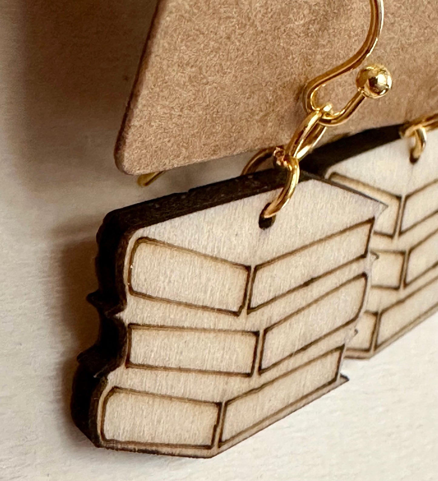 Wooden Engraved Dangle Earrings - Book Stack