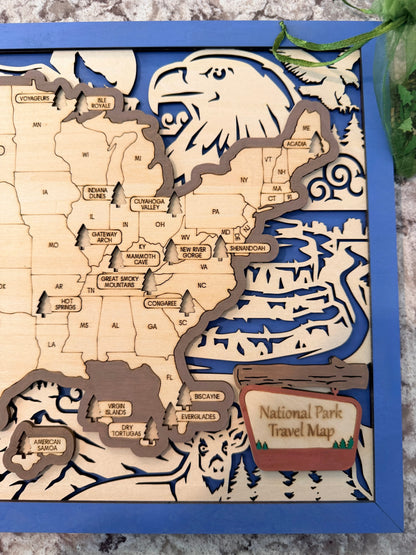 3D National Park Map Visit Tracker - Blue Wildlife