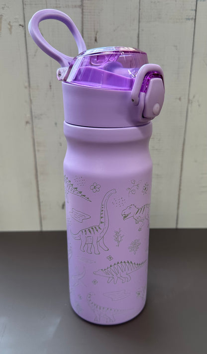 16oz. Insulated Water Bottle with Straw Lid and Built in Lid Handle - Purple with Dinosaurs