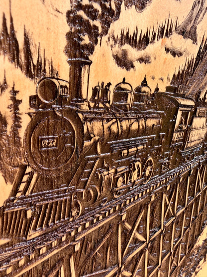 Plaque Live Edge Rectangular - Train on Trestle Bridge
