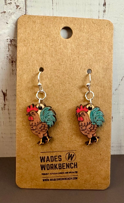 Wooden Engraved Dangle Earrings - Rooster