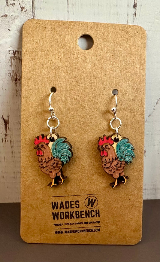 Wooden Engraved Dangle Earrings - Rooster
