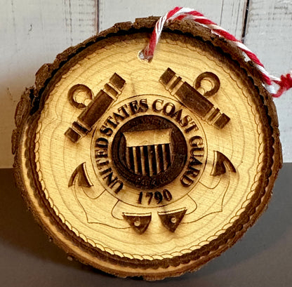 Engraved Live Edge Wooden Round Ornament - Coast Guard